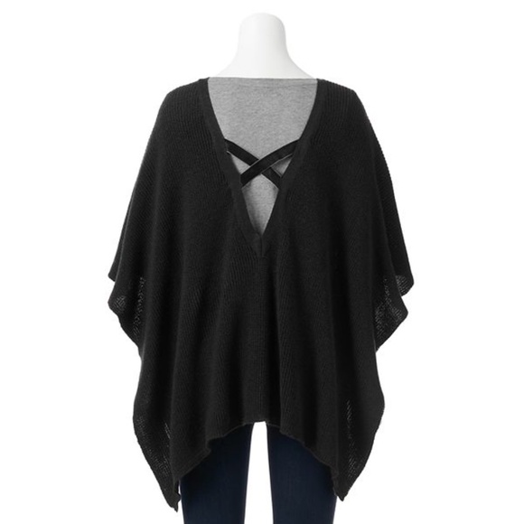 LC LAUREN CONRAD Sweater Wrap Poncho Velvet Crisscross Knit Black One Size - Picture 1 of 8